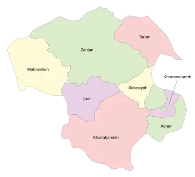 Location of Manehshan County in Zanjan province (left, yellow)