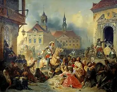 Peter I stops his marauding soldiers after taking Narva in 1704 (1859)