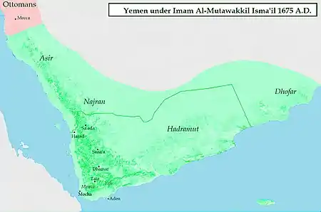 Image 16Zaidi State under the rule of Al-Mutawakkil Isma'il (1675) (from History of Yemen)