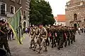 54th Engineer Battalion on parade at the 20th anniversary of the Zemessardze, 2011. Enlisted soldiers are wearing the now-obsolete U.S. Woodland camouflage pattern.