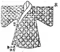 Illustration of Ryukyu upper clothing called Jin (衣) by the people of Ryukyu, 1721, from the Zhongshan chuanxinlu《中山傳信錄》; Men and women wore similar form of jin.