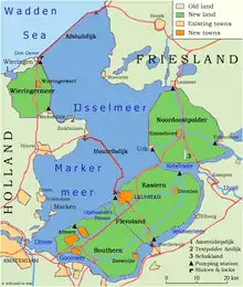 Map showing a large lake, with the dams and the polders that were built