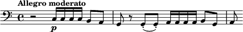  \relative c { \clef bass \time 4/4 \tempo "Allegro moderato" r2 c16\p c c c b8 a | g r g(-. g-.) a16 a a a b8 g | a } 