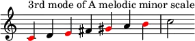 
{
\override Score.TimeSignature #'stencil = ##f
\relative c' { 
  \clef treble \time 7/4 \key a \minor
  \once \override NoteHead.color = #red c4^\markup { "3rd mode of A melodic minor scale" } d \once \override NoteHead.color = #red e fis \once \override NoteHead.color = #red gis a \once \override NoteHead.color = #red b c2 }
}
