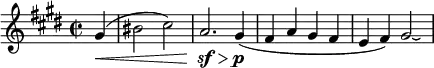 
\relative g' {
 \key cis \minor \time 2/2
 \set Score.tempoHideNote = ##t \tempo 2 = 44
 \set Staff.midiInstrument = "violin"
 \partial 4 gis(\< |
 bis2 cis) | a2.\sf\> gis4\p(| fis a gis fis | e fis) gis2\laissezVibrer |
}
