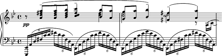 
{
\new PianoStaff
<<
  \new Staff
  {
    \set Score.currentBarNumber = #35
    \clef treble
    \time 4/4
    \key g\minor
    <<
      {
        b'8\rest <a'' fis'' d'' a'>-- ( <a'' fis'' d'' a'>-- <bes'' fis'' d'' bes'>-- <c''' fis'' d'' c''>4-- <bes'' bes'>8 <a'' a'> |
        <g'' g'> <a'' a'> <bes'' bes'>4-- ) <fis'' fis'>-- ( <a'' a'> )
      }
      \\
      {
        s2 s4 <fis'' d''> |
        <ees'' c''>2 <d'' c''>
      }
      \\
      {}
      \\
      {
        \slurUp
        s1 | s2. r8 a16 ( c'~ | \hideNotes c' )
      }
    >>
  }
  \new Dynamics {s8\pp}
  \new Staff
  {
    \clef bass
    \key g\minor
    \times 4/6 {<ees, ees,,>16 a, ( d fis c' d'} \times 4/6 {fis' d' c' fis d a, ) } \times 4/6 {d, ( a, d fis c' d'} \times 4/6 { fis' d' c' fis d a, ) } |
    \times 4/6 {d, ( a, d g c' ees' } \times 4/6 {g' ees' c' g d a,) } \times 4/6 {d, ( a, d fis c' d' } \times 4/6 {fis' d' c' fis d a, ) }
  }
>>
}
