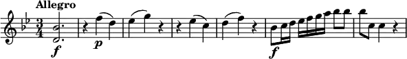 
\relative c' {
  \tempo "Allegro"
  \key bes \major
  \time 3/4
  <d bes'>2.\f |
  r4 f'(\p d) |
  es4( g) r |
  r4 es( c) |
  d4( f) r |
  bes,8\f c16 d es f g a bes8 bes |
  bes8 c, c4 r |
}
