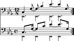 
{
       \relative c, <<
        \new Staff <<
           \new voice {
              \clef bass \time 12/8 \key c \minor
              \set Score.tempoHideNote = ##t \tempo 4 = 100
              \stemDown \override NoteHead.style = #'cross \repeat volta 2 { es4. es es es }
       }
          \new voice {
              \set Score.tempoHideNote = ##t \tempo 4 = 100
              \time 12/8
              \stemUp \repeat volta 2 { c'4 g'8~ g c4 es4.~ es4 g,8 } \bar ":|."
       } >>
       \new Staff <<
          \new voice {
              \clef bass \time 12/8 \key c \minor
              \set Staff.timeSignatureFraction = 4/4
              \scaleDurations 3/2 {
                  \set Score.tempoHideNote = ##t \tempo 8 = 100
                  \stemDown \override NoteHead.style = #'cross \repeat volta 2 { es,4 es es es }
              }
       }
          \new voice \relative c' {
              \time 12/8
              \set Staff.timeSignatureFraction = 4/4
              \scaleDurations 3/2 {
                  \set Score.tempoHideNote = ##t \tempo 4 = 100
                  \stemUp \repeat volta 2 { c,8. g'16~ g8 c es4~ es8. g,16 } \bar ":|."
              }
       } >>
  >> }
