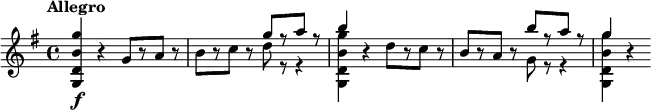 
\relative c''' {
  \tempo "Allegro"
  \key g \major
  <g b, d, g,>4\f r g,8[ r a] r |
  b8[ r c] r 
     << { g'8[ r a] r | b4 } \\ { d,8 r r4 | <g b, d, g,>4 } >>
  r4 d8[ r c] r |
  b8[ r a] r 
     << { b'8[ r a] r | g4 } \\ { g,8 r r4 | <g' b, d, g,>4 } >>
  r4
}
