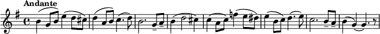  {\set Staff.midiInstrument = #"violin" \key g \major \tempo "Andante" b'4( g'8 b'8) e''4( d''8 cis''8) d''4( a'8 b'8) c''4.( d''8) b'2. g'8-- a'8-- b'4( d''2 cis''4)  c''4( a'8 c''8) f''4( e''8 dis''8) e''4( b'8 c''8) d''4.( e''8) c''2. b'8-- a'8-- b'4( g'4)( g'4.) r8} 