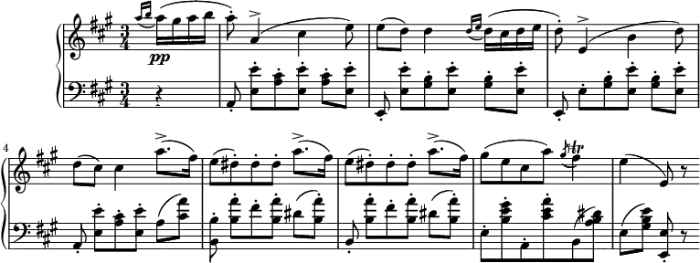 
\version "2.14.2"
\header {
  tagline = ##f
}
upper = \relative c'' {
  \clef treble
  \key a \major
  \time 3/4
  \tempo 4 = 102
    \set Staff.midiInstrument = #"violin"

  \partial 4
 \acciaccatura { a'16[ b] }
  a16\pp( gis a b
  a8-.) a,4^>( cis e8)
  e8( d) d4 \acciaccatura { d16[ e] }  d16( cis d e
  d8-.) e,4^>( b' d8)
  d8( cis) cis4
  \repeat unfold 2 { a'8.->( fis16) e8[( dis-.) dis-. dis-.] } a'8.->( fis16)
  gis8( e cis a') \acciaccatura gis8( fis4)\trill % \startTrillSpan { \afterGrace e16[ fis]\stopTrillSpan }
  e4( e,8) r8

}

lower = \relative c {
  \clef bass
  \key a \major
  \time 3/4
    \set Staff.midiInstrument = #"pizzicato strings"
    
   \acciaccatura s8
   \partial 4
   r4
   a8-. < e'' e, >8-.[ \repeat unfold 2 { < cis a >8-. < e e, >8-.] }
   e,,8-. < e'' e, >8-.[ \repeat unfold 2 { < b gis >8-. < e e, >8-.] }
   e,,8-. e'8-.[ \repeat unfold 2 { < b' gis >8-. < e e, >8-.] }
   a,,8-. < e'' e, >8-.[ < cis a >8-. < e e, >8-.] a,( < a' cis, >8)
   < b, b, >8-. < a' b, >8-.[ fis-. < a b, >8-.] dis,( < a' b, >8-.)
   b,,8-. < a'' b, >8-.[ fis-. < a b, >8-.] dis,( < a' b, >8-.)
   e,8-. < gis' e b >8-. a,,8-. < a'' e cis >8-. b,,( < dis' b a >8)
   e,8[( < e' b gis >8)] < e, e, >8-. r8 \bar ":|"

}

\score {
  \new PianoStaff <<
    \set PianoStaff.instrumentName = #"Cordes"
    \new Staff = "upper" \upper
    \new Staff = "lower" \lower
  >>
  \layout {
    \context {
      \Score
      \remove "Metronome_mark_engraver"
    }
  }
  \midi { }
}
