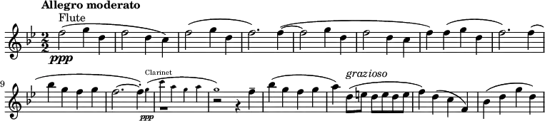  {\new Staff \relative c'{\set Staff.midiInstrument=#"flute" \numericTimeSignature \time 2/2 \set Score.tempoHideNote = ##t \tempo "Allegro moderato" 4=150 \clef treble \key bes \major ^"Flute" |f'2(\ppp g4 d4|f2 d4 c4)|f2(g4 d4 f2.)|4~(2 g4 d4|f2 d4 c4|f4) 4(g4 d4|f2.) 4(|\break bes4 g4 f4 g4|f2.~<< { 4-.)|r1|r2 r4 \set Staff.midiInstrument=#"flute" \relative c'' {\transposition c' f4--}} \new CueVoice {\set Staff.midiInstrument=#"clarinet" \relative c'' {\transposition bes \once \override NoteColumn.force-hshift = #1.3 g'4^"Clarinet"(\ppp|c4 a4 g4 a4|g1)}}>>~\set Staff.midiInstrument=#"flute"|bes4(g4 f4 g4|a4) d,8^\markup {\italic "grazioso"} ([e8] d8[e8 d8 e8]|f4) d4(c4 f,4)|bes4(d4 g4 d4)|}}