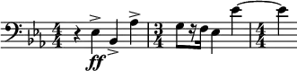   \relative c { \clef bass \key ees \major \numericTimeSignature \time 4/4 r4 ees->\ff bes-> aes'-> | \time 3/4 g8[ r16 f] ees4 | ees'~ | \time 4/4 ees } 