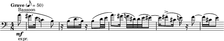 
  \relative c'' { \clef bass \time 4/8 \tempo "Grave" 8 = 50 \partial 8*1 a8(\mf^"Bassoon"_"expr." | gis16. e32 c!4 b8) | r16 b( d16. b32) r16 b8( d32 e | a8.) gis16( g32 dis) dis( e eis8~) | eis16 fis8--->( cis16 e16) r fis8~ | fis16( cis e8) }
