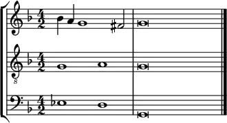 
    { 
      \override Score.SpacingSpanner.strict-note-spacing = ##t
  \set Score.proportionalNotationDuration = #(ly:make-moment 1/2)
    << \new StaffGroup <<
        \new Staff <<
            \set Score.tempoHideNote = ##t \tempo 2 = 60
            \set Staff.midiInstrument = #"voice oohs"
            \clef treble \time 4/2
            \relative c'' {
                \clef treble \time 4/2 \key g \dorian
                bes4 a g1 fis2 g\breve
                }
            >>
        \new Staff <<
            \set Staff.midiInstrument = #"voice oohs"
            \clef "treble_8" \time 4/2 \key g \dorian
            \new Voice \relative c' {
                g1 a g\breve
                }
            >>
        \new Staff <<
            \set Staff.midiInstrument = #"voice oohs"
            \clef bass \time 4/2 \key g \dorian
            \new Voice \relative c {
                es1 d g,\breve \bar "|."
                }
            >>
    >>
>> }
