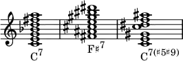  {
\override Score.TimeSignature #'stencil = ##f
\relative c' {
   \clef treble
   \time 4/4
   \key c \major
   \textLengthOn
   <c e g bes d fis a>1_\markup { \concat { "C" \raise #1 \small { "7" } } }
  <fis ais cis e gis bis dis>_\markup { \concat { "F♯" \raise #1 \small { "7" } } }
  <c e gis c dis f ais>_\markup { \concat { "C" \raise #1 \small { "7(♯5♯9)" } } }
} }
