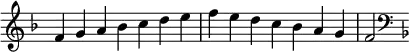   {
\omit Score.TimeSignature \relative c' {
  \key f \major \time 7/4 f g a bes c d e f e d c bes a g f2
  \clef F \key f \major
} }
