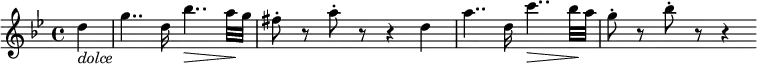  { \relative d'' { \key g \minor \time 4/4
\partial 4 d4 _\markup { \italic "dolce" } | g4.. d16 bes'4.. \> a32 \! g | fis8-. r a-. r r4 d,4 |
a'4.. d,16 c'4.. \> bes32 \! a | g8-. r bes-. r r4 }} 