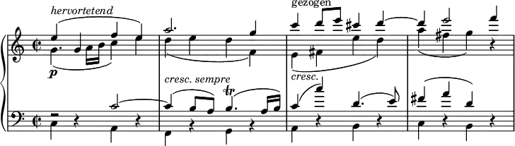 
{ \new PianoStaff <<
  \new Staff <<
    \set Score.tempoHideNote = ##t \new Voice \tempo 4 = 120 \relative e'' {
  \clef "treble" \key c \major \stemDown \set Staff.midiInstrument = #"piano" \time 2/2 | % 1
  g,4. _( a16 b16 c4 ) e4 | % 2
  d4 _( e4 d4 f,4 ) | % 3
  e4 ^"gezogen" _\markup{ \italic {cresc.} } _( fis4 e'4 d4 ) | % 4
  a'4 _( fis4 g4 ) r4 }
  \relative g' {
  \clef "treble" \key c \major \stemUp \time 2/2 | % 1
  e'4 \p ^\markup{ \italic {hervortetend} } ^( g,4 f'4 e4 ) | % 2
  a2. g4 | % 3
  c4 d8 e8 cis4 d4 ^~ | % 4
  d4 e2 f4 } >>
  \new Staff <<
    \new Voice \relative c' {
  \clef "bass" \key c \major \stemUp \set Staff.midiInstrument = #"piano" \time 2/2 | % 1
  r2 c2 ^~ | % 2
  c4 ^( b8 a8 ) b4. ^( \trill a16 b16
  ) | % 3
  c4 ^( c'4 ) d,4. ^( e8 ) | % 4
  fis4 ^( a4 d,4 ) r4 }
  \relative c {
  \key c \major \stemDown \time 2/2 | % 1
c4 r4 a4 r4 | % 2
  f4 ^\markup{ \italic {cresc. sempre} } r4 g4 r4 | % 3
  a4 r4 b4 r4 | % 4
  c4 r4 b4 s4 } >>
>> }
