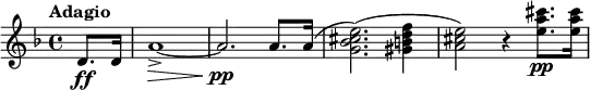 
\relative c' {
  \key d \minor
  \tempo "Adagio"
  \partial 4 d8.\ff d16 | a'1~->\> | a2.\pp\! a8. a16( | <e' cis bes g>2.)( <f d b gis>4 | <e cis a>2 ) r4 <cis' a e>8.\pp <cis a e>16
}
