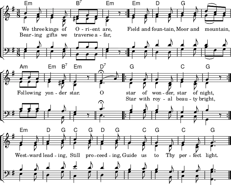 
\header { tagline = ##f }
\layout { indent = 0 \set Score.tempoHideNote = ##t
  \context { \Score \remove "Bar_number_engraver" }
  \context { \Voice \consists "Melody_engraver" }
}

global = { \key e \minor \time 3/8 }

chordNames = \chordmode {
  \global \set midiInstrument = #"acoustic guitar (steel)"
  \repeat volta 2 { e4.:m\p | e:m | b:7 | e:m }
  \once \set chordChanges = ##f e:m | d | g | g | a:m | e4:m b8:7 | e4.:m \bar "||"
  d:7 | \repeat volta 2 { g | g | c | g | }
  e:m | d4 g8 | c4 g8 | d4 g8 | g4 c8 | g4. | c | g \bar "|."
}

soprano = \relative c'' {
  \global \set midiInstrument = #"trumpet" \tempo 4=100
  \repeat volta 2 { b4 a8 | g4 e8 | fis g fis | e4 r8 | }
  g4 g8 | a4 a8 | b4 b8 | d (c) b | a b a | g4 fis8 | e4 r8 \bar "||"
  \tempo 4=45 fis4\fermata (\tempo 4=24 a8) | \tempo 4=100 \repeat volta 2 { g4 g8 | g4 d8 | g4 e8 | g4 r8 | }
  g4 g8 | a4 b8 | c4 b8 | a4 b8 |
  g4 g8 | g4 d8 | g4 e8 | g4. \bar "|."
}

alto = \relative c' {
  \global \set midiInstrument = #"trumpet"
  \repeat volta 2 { e4 fis8 | e4 b8 | dis dis dis | b4 r8 | }
  e4 e8 | fis4 fis8 | g4 g8 | g (a) g | e e e |e4 dis8 | b4 r8 \bar "||"
  d4. | \repeat volta 2 { d4 d8 | d4 b8 |e4 c8 | d4 r8 | }
  e4 e8 |fis4 g8 | g4 g8 | fis4 g8 | g4 e8 | d4 d8 | e4 c8 | d4. \bar "|."
}

tenor = \relative c' {
  \global \set midiInstrument = #"french horn"
  \repeat volta 2 { g4 b8 | b4 g8 | a b a | g4 r8 | }
  b4 b8 |d4 d8 | d4 d8 | d4 d8 | c c c | b4 a8 g4 r8 \bar "||"
  c4.\fermata | \repeat volta 2 { b4 b8 | b4 g8 | g4 g8 | b4 r8 | }
  b4 b8 |d4 d8 | e4 d8 |d4 d8 | b4 c8 | b4 g8 | g4 a8 | b4. \bar "|."
}

bass = \relative c {
  \global \set midiInstrument = #"french horn"
  \repeat volta 2 { e4 e8 | e4 e8 | b b b | e4 r8 | }
  e4 e8 |d4 d8 | g4 g8 | b (fis) g | a a a | b4 b,8 | e4 r8 \bar "||"
  d4. | \repeat volta 2 { g4 g8 | g4 g8 | c,4 c8 | g4 r8 | }
  e'4 e8 | d4 g8 | c,4 g'8 | d4 g8 | g4 g8 | g4 b,8 | c4 c8 | <g g'>4. \bar "|."
}

verse = \lyricmode {
  We three kings of O -- ri -- ent are,
  Field and foun -- tain, Moor and moun -- tain,
  Fol -- low -- ing yon -- der star.
    
  O star of won -- der, star of night,
    
  West -- ward lead -- ing,
  Still pro -- ceed -- ing,
  Guide us to Thy per -- fect light.
}
verseR = \lyricmode { % This is a terrible hack to get the lyrics aligned.
  Bear -- ing gifts we tra -- verse a -- far,
  "" "" "" "" "" "" "" "" "" "" "" "" "" "" "" Star with roy -- al beau -- ty bright,
}

chordsPart = \new ChordNames { \set chordChanges = ##t \chordNames }

choirPart = \new ChoirStaff <<
  \new Staff \with { \consists "Merge_rests_engraver" }
  <<
    \new Voice = "soprano" { \voiceOne \soprano }
    \new Voice = "alto" { \voiceTwo \alto }
  >>
  \new Lyrics \lyricsto "soprano" \verse
  \new Lyrics \lyricsto "soprano" \verseR
  \new Staff \with { \consists "Merge_rests_engraver" }
  <<
    \clef bass
    \new Voice = "tenor" { \voiceOne \tenor }
    \new Voice = "bass" { \voiceTwo \bass }
  >>
>>

\score {
  <<
    \chordsPart
    \choirPart
  >>
  \layout { }
}
\score { \unfoldRepeats { << \chordsPart \\ \soprano \alto \\ \tenor \bass >> }
  \midi {
    \context { \Score midiChannelMapping = #'instrument }
    \context { \Staff \remove "Staff_performer" }
    \context { \Voice \consists "Staff_performer" }
  }
}
