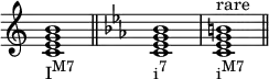 
{
\override Score.TimeSignature #'stencil = ##f
\relative c' {
   \clef treble
   \time 4/4
   \key c \major
   <c e g b>1_\markup { \concat { "I" \raise #1 \small "M7" } } \bar "||"

   \clef treble
   \time 4/4
   \key c \minor
   <c es g bes>1_\markup { \concat { "i" \raise #1 \small "7" } }
   <c es g b>^\markup { "rare" }_\markup { \concat { "i" \raise #1 \small "M7" } } \bar "||"
} }
