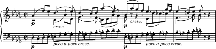 
\relative c'' {
  \new PianoStaff <<
    \new Staff <<
      \new Voice {
        \stemUp \set Staff.midiInstrument = #"piano" \key des \major \clef treble \time 2/2 \set Score.tempoHideNote = ##t \tempo 4 = 88
        as4 ^( f'8 ) es8 -! des4. _\markup { \italic {cresc.} } ^( es8 ) |
        des4 ^( c8 ) -! des8 -! as'4 ^( es8 ) r8 |
        bes8 ^( as'8 _\markup { \italic {cresc.} } ges8 ) -! f8 -! es4. ges16 f16 |
        es4 ^( d8 ) -! es8 f8 -! r8 r4 |
      }
      \new Voice {
        \stemDown
        r2 \p des,4 _( bes'8 ) -! es,8 -! |
        ges4. _( f8 ) d8 _( es8 bes'8 as8 ) |
        ges8 \p r8 r4 es8 _( des'8 ces8 ) c8 |
        f,4. _( bes8 ) bes8 s4 s8 |
      }
    >>
    \new Staff {
      \set Staff.midiInstrument = #"piano" \key des \major \clef bass \time 2/2
      des,,8 \p -. c8 -. des8 -. es8 -. e8  _\markup { \italic { poco a poco cresc. } } -. f8 -. ges8 -. g8 -. |
      as8 -. g8 -. as8 -. bes8 -. b8 -. c8 -. des8 -. c8 -. |
      es,8 \p -. d8 -. es8 -. f8 -. ges8 _\markup { \italic { poco a poco cresc. } } -. g8 -. as8 -. a8 -. |
      bes8 -. a8 -. bes8 -. c8 -. d8 -. r8 r4 |
    }
  >>
}
