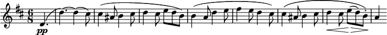 
\relative d' {
 \key d \major \time 6/8
 \set Score.tempoHideNote = ##t \tempo 2. = 80
 \set Staff.midiInstrument = "violin"
 \partial 4. d4.\pp(|
 d'4.)~ d4(cis8) |
 cis4(ais8 b4 cis8 |
 d4 cis8 e d b) |
 b4(a8 d4 e8 |
 fis4 e8 d4 cis8) |
 cis4\(ais8 b4 cis8 |
 d4\< cis8 e(\> d) b-.\) |
 a4\!
}
