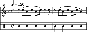 
<<
  \new Staff {
    \set Staff.midiInstrument = #"clarinet"
    \tempo 4 = 120
    \relative c' {
      \time 4/4
      \key f \major
      r8 c'8( a8 c8 a8 c8) r8 c8 r8 c8( a8 c8 a8 c8 a4)
    }
  }
  \drums {
    ssl4 4 4 4 4 4 4 4
  }
>>
