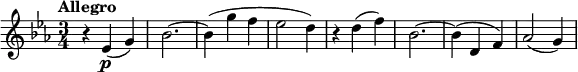 
\version "2.14.2"
 \relative c' {
         \clef "treble" 
         \tempo "Allegro"
         \key ees \major
         \time 3/4 
         \tempo 4 = 120
      r4 ees4\p (g)
      bes2. ~
      bes4 (g' f
      ees2 d4)
      r4 d4 (f)
      bes,2. ~
      bes4 (d, f)
      aes2 (g4)
}
