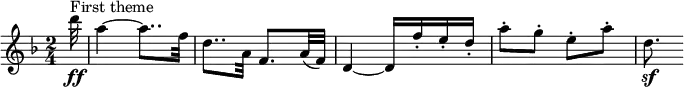 
    \relative c''' {
        \set Staff.midiInstrument = #"violin"
        \set Score.tempoHideNote = ##t \tempo 4 = 88
        \key d \minor
        \time 2/4
        \set Score.currentBarNumber = #17

        \partial 32 d32\ff^\markup "First theme"
        a4~ a8.. f32
        d8.. a32 f8. a32( f)
        d4~ d16 f'-. e-. d-.
        a'8-. g-. e-. a-.
        d,8.\sf
    }
