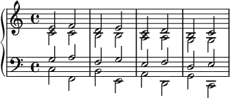 
    {
      \new PianoStaff <<
        \new Staff <<
            \new Voice \relative c' {
                \clef treble \time 4/4
                \stemUp e2 f d e c d b c
                }
            \new Voice \relative c' {
                \stemDown c2 c b b a a g g
                }
            >>
        \new Staff <<
            \new Voice \relative c' {
                \clef bass \time 4/4
                \stemUp g2 a f g e f d e 
                }
            \new Voice \relative c {
                \stemDown c f, b e, a d, g c,
                }
            >>
    >> }
