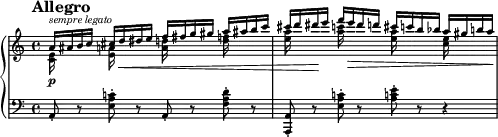 
\new PianoStaff <<
\new Staff = "Up" \with { \magnifyStaff #2/3 } <<
\new Voice \relative c' {
\clef treble
\tempo "Allegro"

\set Score.tempoHideNote = ##t \tempo 4 = 144

\key a \minor
\time 4/4
\stemUp
a'16^\markup{\italic sempre \italic legato} ais b c cis d \< dis e f fis g gis a ais b c cis d dis \! e f e \> dis d cis c b bes a gis b a \!
}
\new Voice \relative c' {
\stemDown
<c e>16 \p s s s <e a> s s s <a d> s s s <d f> s s s <e a> s s s <a c> s s s <e a> s s s <c e > s s s
}
>>
\new Staff = "Down" \with { \magnifyStaff #2/3 } \relative c {
\clef bass
\time 4/4
\key a \minor
a8-. r <e' a c!>-. r a,-. r <f' a d>-. r <a,, a'>-. r <e'' a c!>-. r <a c! e>-. r r4
}
>>
