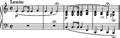 
\new PianoStaff <<
\new Staff = "Up" \with { \magnifyStaff #3/4 } <<
\new Voice \relative c' {

\clef treble
\key a \minor
\tempo "Lento"

\set Score.tempoHideNote = ##t \tempo 4 = 50

\time 2/2
e4 \p (e8. e16 e4 f e c \tempo 4=40 e2 \fermata) \tempo 4=50 <g, c e>4 \p ^(<g c e>8. <g c e>16 <g c e>4 <a c f> <g c e> <a c>_\markup{\italic rit.} \tempo 4=25 e'2 \fermata)
}
\new Voice \relative c'{
\stemDown
s1 s s s2 <g c>4 <gis d'>_\fermata
}
>>
\new Staff = "Down" \with { \magnifyStaff #3/4 } <<
\new Voice \relative c{
\clef bass
\key a \minor
R1 s4. r1 \fermata
}
\new Voice \relative c{
s1 s c4 (c8. c16 c4 f,4 c f c b4_\fermata) \bar "||"
}
>>
>>
