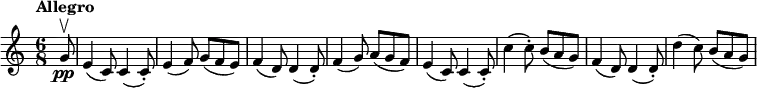 
\new Staff {
  \time 6/8
  \clef treble
  \set Score.tempoHideNote = ##t
  \tempo Allegro 4. = 120
  \transpose d c { \relative c'' {
    \partial 8 a8\pp\upbow | fis4( d8) d4( d8-.) | fis4( g8) a( g fis) | g4( e8) e4( e8-.) | g4( a8) b( a g) |
    fis4( d8) d4( d8-.) | d'4( d8-.) cis( b a) | g4( e8) e4( e8-.) | e'4( d8) cis( b a) |
  } }
}
