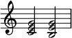  {
\override Score.TimeSignature #'stencil = ##f
\relative c' { 
  \clef treble \time 4/4
  <c e g>2 <b e g>
} }
