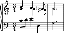 
   \new PianoStaff <<
      \new Staff <<
         \set Score.tempoHideNote = ##t \tempo 4 = 72
         \set Staff.midiInstrument = #"voice oohs"
         \new Voice \relative c'' {
             \stemUp \clef treble \key a \minor \time 3/4
             c4 b4. a8 a2.
             }
         \new Voice \relative c'' {
             \stemDown
              a4 a4. gis8 a2.
              }
            >>
     \new Staff <<
         \new Voice \relative c' {
            \set Staff.midiInstrument = #"voice oohs"
             \clef bass \key a \minor \time 3/4
             c8 d e4 e, a2.
             }
         >>
    >>
