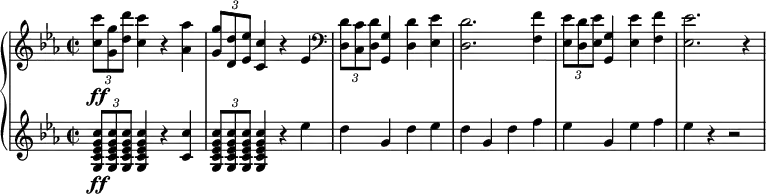 
{ \new PianoStaff <<
\new Staff \relative c'' { \set Staff.midiInstrument = #"piano" \key c \minor \clef treble \time 2/2 \set Score.tempoHideNote = ##t \tempo 2 = 95
  \once \override TupletBracket #'stencil = ##f
  \times 2/3  {
    <c c'>8 \ff <g g'>8 <d' d'>8
  }
  <c c'>4 r4 <as as'>4 | % 2
  \once \override TupletBracket #'stencil = ##f
  \times 2/3  {
    <g g'>8 <d d'>8 <es es'>8
  }
  <c c'>4 r4 es4 | % 3
  \clef "bass" \once \override TupletBracket #'stencil = ##f
  \times 2/3  {
    <d, d'>8 <c c'>8 <d d'>8
  }
  <g, g'>4 <d' d'>4 <es es'>4 | % 4
  <d d'>2. <f f'>4 | % 5
  \once \override TupletBracket #'stencil = ##f
  \times 2/3  {
    <es es'>8 <d d'>8 <es es'>8
  }
  <g, g'>4 <es' es'>4 <f f'>4 | % 6
  <es es'>2. r4
  }
\new Staff \relative g { \set Staff.midiInstrument = #"piano" \key c \minor \clef treble \time 2/2
  \once \override
  TupletBracket #'stencil = ##f
  \times 2/3  {
    <g c es g c>8 \ff <g c es g c>8 <g c es g c>8
  }
  <g c es g c>4 r4 <c c'>4 | % 2
  \once \override TupletBracket #'stencil = ##f
  \times 2/3  {
    <g c es g c>8 <g c es g c>8 <g c es g c>8
  }
  <g c es g c>4 r4 es''4 d4 g,4 d'4 es4 | % 4
  d4 g,4 d'4 f4 | % 5
  es4 g,4 es'4 f4 | % 6
  es4 r4 r2 }
>> }
