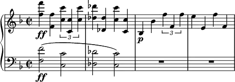 
\relative c'' {
  \new PianoStaff <<
    \new Staff {
      \set Staff.midiInstrument = #"piano" \key d \minor \clef treble \time 2/2 \set Score.tempoHideNote = ##t \tempo 2 = 60
      <f f'>4 \ff <f, f'>4 \times 2/3 {
        <c' c'>4 <c, c'>4 <c' c'>4
      } |
      <des des'>4 <des, des'>4 <c' c'>4 <c, c'>4 |
      bes4 \p bes'4 \times 2/3 {
        f'4 f,4 f'4
      } |
      e4 e,4 f'4 f,4 |
    }
    \new Staff {
      \set Staff.midiInstrument = #"piano" \key d \minor \clef bass \time 2/2
      <f, f'>2 \ff ( <c c'>2 |
      <des des'>2 <c c'>2 ) |
      R1*2 |
    }
  >>
}
