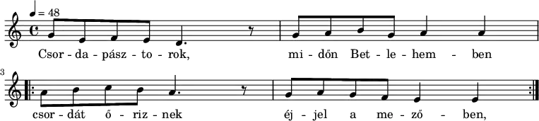 
\header {
     tagline = ""
	}
dallam = {
   \relative c'' {
      \key a \minor
      \time 4/4
      \tempo 4 = 48
      \transposition c'
      \set Staff.midiInstrument = "accordion"
%     Csordapasztorok,   midon Betlehemben
          g8 e f e d4. r8 g8 a b g a4 a
          \break
          \repeat volta 2 {
%       csordat oriznek   ejjel a mezoben
          a8 b c b a4. r8 g8 a g f e4 e
          }
   }
}
\score {
   <<
   \dallam
   \addlyrics {
        Csor -- da -- pász -- to -- rok, mi -- dőn Bet -- le -- hem -- ben
        csor -- dát ő -- riz -- nek éj -- jel a me -- ző -- ben,
        csor -- dát ő -- riz -- nek éj -- jel a me -- ző -- ben,
      }
   >>
   \header {
     title = "Csordapásztorok"
%     composer = "Erkel Ferenc"
%     poet = "Kölcsey Ferenc"
   }
   \layout {
        indent = 0.0\cm
        }
}
\score {
   \unfoldRepeats
   \dallam
   \midi { }
}
