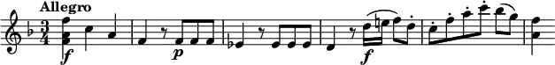 
\relative c'' {
  \tempo "Allegro"
  \key f \major
  \time 3/4
  <f a, f>4\f c a |
  f4 r8 f\p f f |
  es4 r8 es es es |
  d4 r8 d'16\f( e! f8) d-. |
  c8-. f-. a-. c-. bes([ g)] |
  <f a,>4
}
