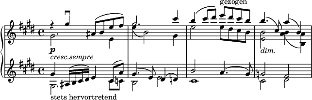 
{ \new PianoStaff <<
  \new Staff <<
    \set Staff.midiInstrument = #"string ensemble 1" \set Score.tempoHideNote = ##t \new Voice \tempo 4 = 45 \relative gis'' {
  \clef "treble" \key e \major \stemUp \time 4/4 | % 1
  r4 gis4 \downbow ais,8 ^( b8 e8
  fis8 ) | % 2
  gis2. cis4 | % 3
  b4 ^( cis8 dis8 ) e8 ^"gezogen" dis8 cis8 b8 | % 4
  b4. _\markup{ \italic {dim.} } ^( cis,8 ) a'4 ^( b,4 ) }
  \new Voice \relative gis' {
  \key e \major \stemDown \time 4/4 | % 1
  gis2. \p  _\markup{ \italic {cresc.sempre} } e4 | % 2
  e'4 _( b2 ) gis4 | % 3
  e'2 e8 dis8 cis8 b8 | % 4
  <e, b'>2 <a b>4 _( <b, a'>4) } >>
  \new Staff <<
  \set Staff.midiInstrument = #"string ensemble 1" \new Voice \relative gis {
  \clef "treble" \key e \major \stemDown \time 4/4 gis2. _"stets hervortretend"
  cis8 c8 | % 2
  b2 e2 | % 3
  cis1 | % 4
  cis2 dis2 }
  \new Voice \relative gis' {
  \key e \major \stemUp \time 4/4 gis4
  ais,16 ^( b16 cis16 dis16 ) e4 cis8 ^( a'8 ) | % 2
  gis4. ^( e8 ) dis4 ^( d4 ) | % 3
  b'2 a4. ^( gis8 ) | % 4
  g2 fis2 } >>
>> }
