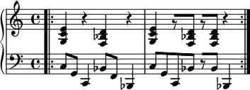 
    {
      \new PianoStaff <<
        \new Staff <<
            \relative c' {
                \set Score.tempoHideNote = ##t \tempo 2 = 100
                \clef treble \key c \major \time 4/4
                <g c e>4 r <f bes d> r <g c e> r8[ <f bes d>] r[ <f bes d>] r4
                }
            >>
        \new Staff <<
            \relative c {
                \clef bass \key c \major \time 4/4
                \bar ".|:"
                c8 g c,4 bes'8 f bes,4 c'8 g c, bes' r[ bes] bes,4 \bar ":|."
                }
            >>
    >> }
