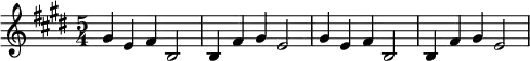  \relative c'' {\set Staff.midiInstrument = #"tubular bells" \time 5/4  \key e \major gis4 e fis b,2 | b4 fis' gis e2 | gis4 e fis b,2 | b4 fis' gis e2 |}