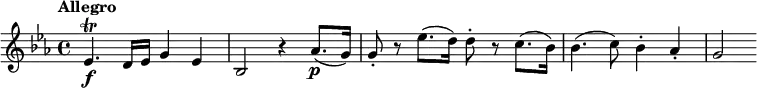 
\relative c' { \set Staff.midiInstrument = #"string ensemble 1"
  \tempo "Allegro" \set Score.tempoHideNote = ##t \tempo 4 = 150
  \key es \major
  es4.\f\trill d16 es g4 es |
  bes2 r4 as'8.(\p g16) |
  g8-. r es'8.( d16) d8-. r c8.( bes16) |
  bes4.( c8) bes4-. as-. |
  g2
}
