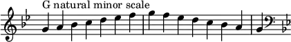  {
\omit Score.TimeSignature \relative c'' {
  \key g \minor \time 7/4 g^"G natural minor scale" a bes c d es f g f es d c bes a g
  \clef F \key g \minor
} }
