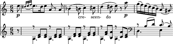 
<<
\relative a''
\new Staff {
\set Staff.midiInstrument = #"piano"
\key a \minor
\time 6/8
\set Score.tempoHideNote = ##t
\tempo 8 = 120
\partial 8
e8\p
\grace { dis16 [ (e16 f 16] }
e8.) dis16 e8 a, r a bes4 (b8_"cre-    scen-    do"
c4) cis8
d4 (dis8 e8) r8
a\p g16 (f) e (d) c (b) a8 (gis8)}
\new Staff {
\set Staff.midiInstrument = #"fortepiano"
\set Staff.midiMaximumVolume = #0.3
r8
 <<
      {
        \voiceOne
r8 <c' e'>8 <c' e'>8  r8 <c' e'>8 <c' e'>8  r8 <d' f'>8 <d' f'>8  r8 <e' g'>8 <e' g'>8  r8 <f' a'>8 <b a'>8 r8 <c' a'>8<c' e'>8 r b (d') c' (b)
      }
      \new Voice {
        \voiceTwo
a4. a a a
a a

\clef "bass"
d e4 
      }
    >>
    \oneVoice
}
>>
