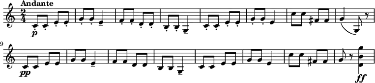 \relative c' {\set Score.tempoHideNote = ##t \time 2/4 \tempo "Andante" 8 = 110 c8-.\p c-. e-. e-. g-. g-. e4-- f8-. f-. d-. d-. b-. b-. g4-- c8-. c-. e-. e-. g-. g-. e4 c'8 c fis, fis g4( g,8) r\break c\pp c e e g g e4-- f8 f d d b b g4-- c8 c e e g g e4 c'8 c fis, fis g r <<d4\ff b' g'>>}