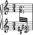 
    \new PianoStaff <<
         \new Staff = "up" \relative c'' {
            \time 3/4
            s2.
          }
        \new Staff = "down" \relative c' {
            \time 3/4
            \voiceOne
            \repeat tremolo 12 {
                  {
                    \change Staff = "up"
                    \voiceTwo
                    <e g c>32
                  }
                {
                    \change Staff = "down"
                    \voiceOne
                    <cis fis ais>32
                }
            }
          }
    >>
