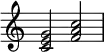  {
\override Score.TimeSignature #'stencil = ##f
\relative c' { 
  \clef treble \time 4/4
  <c e g>2 <f a c>
} }
